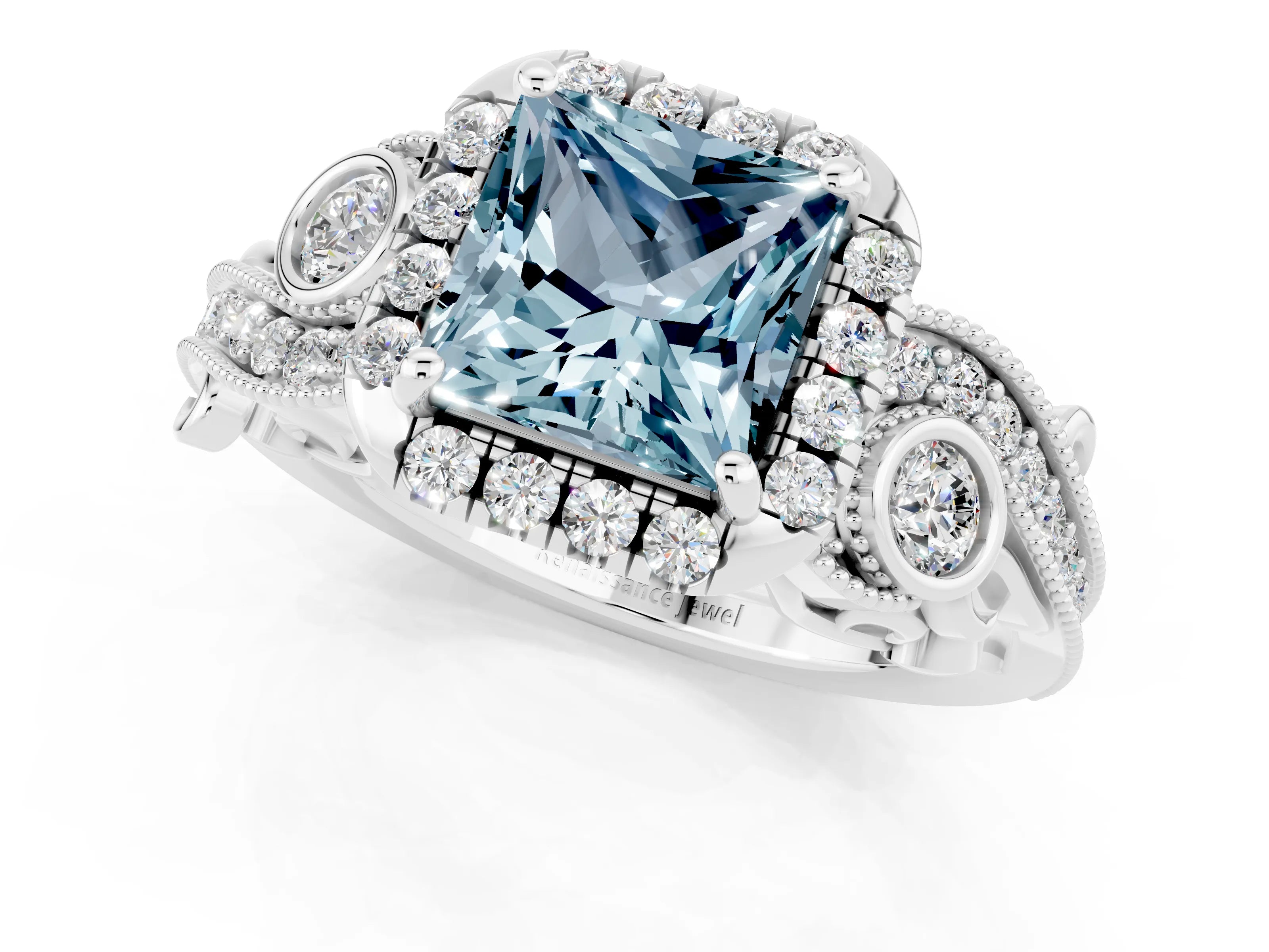 White gold Princess Cut Aquamarine Halo Ring with Milgrain Pavé Band and Four-Prong Setting_31