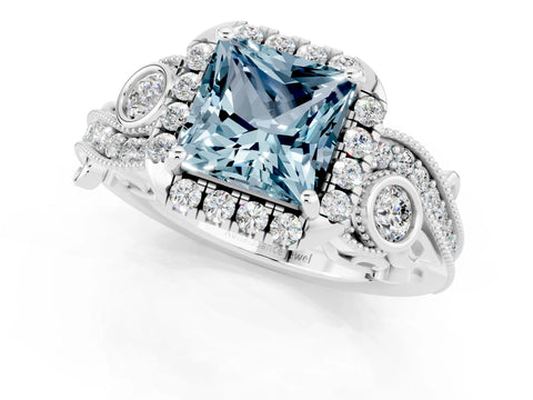 White gold Princess Cut Aquamarine Halo Ring with Milgrain Pavé Band and Four-Prong Setting_31
