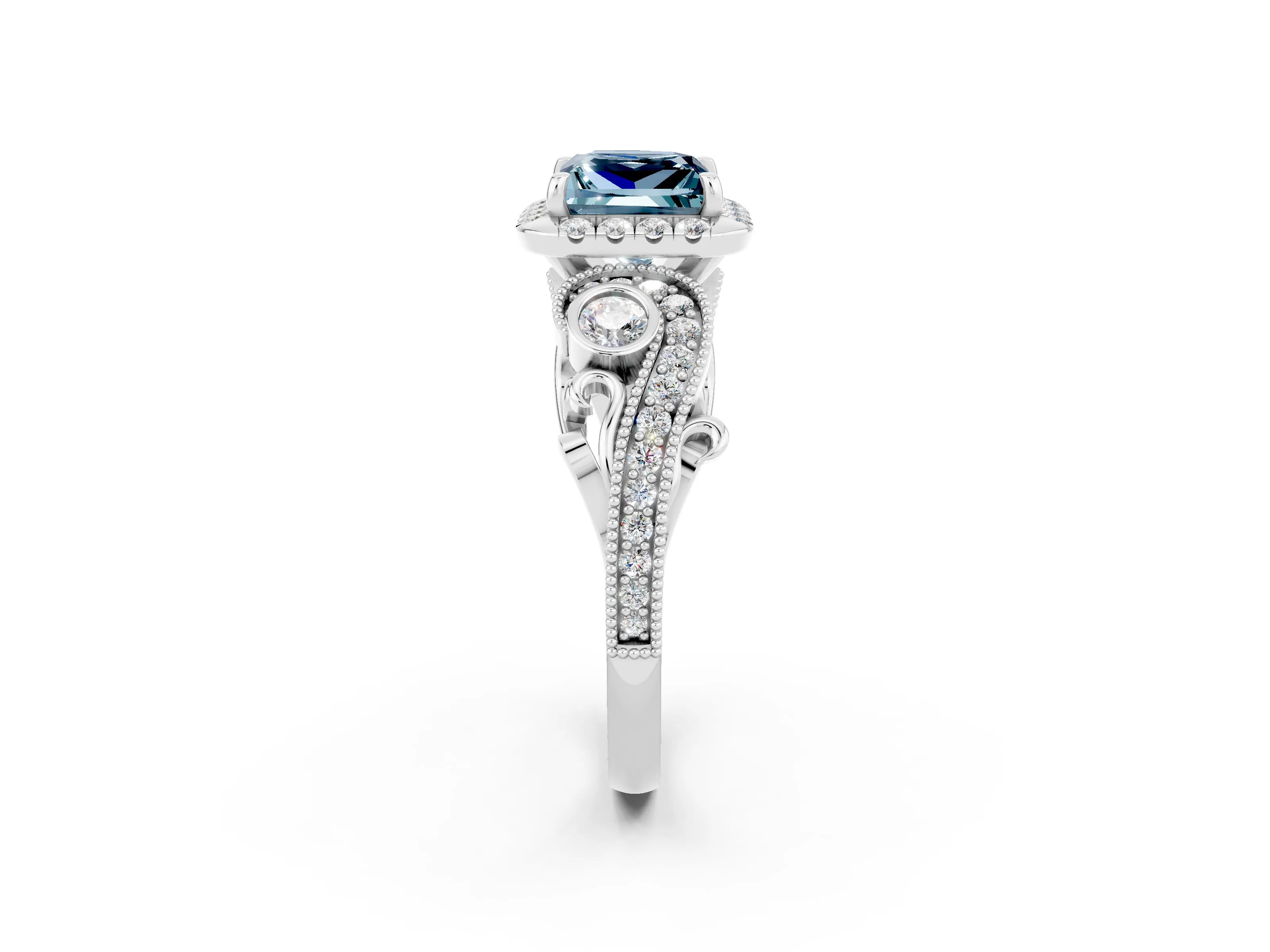 White gold Princess Cut Aquamarine Halo Ring with Milgrain Pavé Band and Four-Prong Setting_32