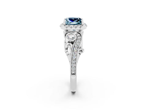 White gold Princess Cut Aquamarine Halo Ring with Milgrain Pavé Band and Four-Prong Setting_32