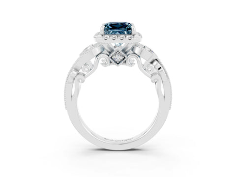 White gold Princess Cut Aquamarine Halo Ring with Milgrain Pavé Band and Four-Prong Setting_33