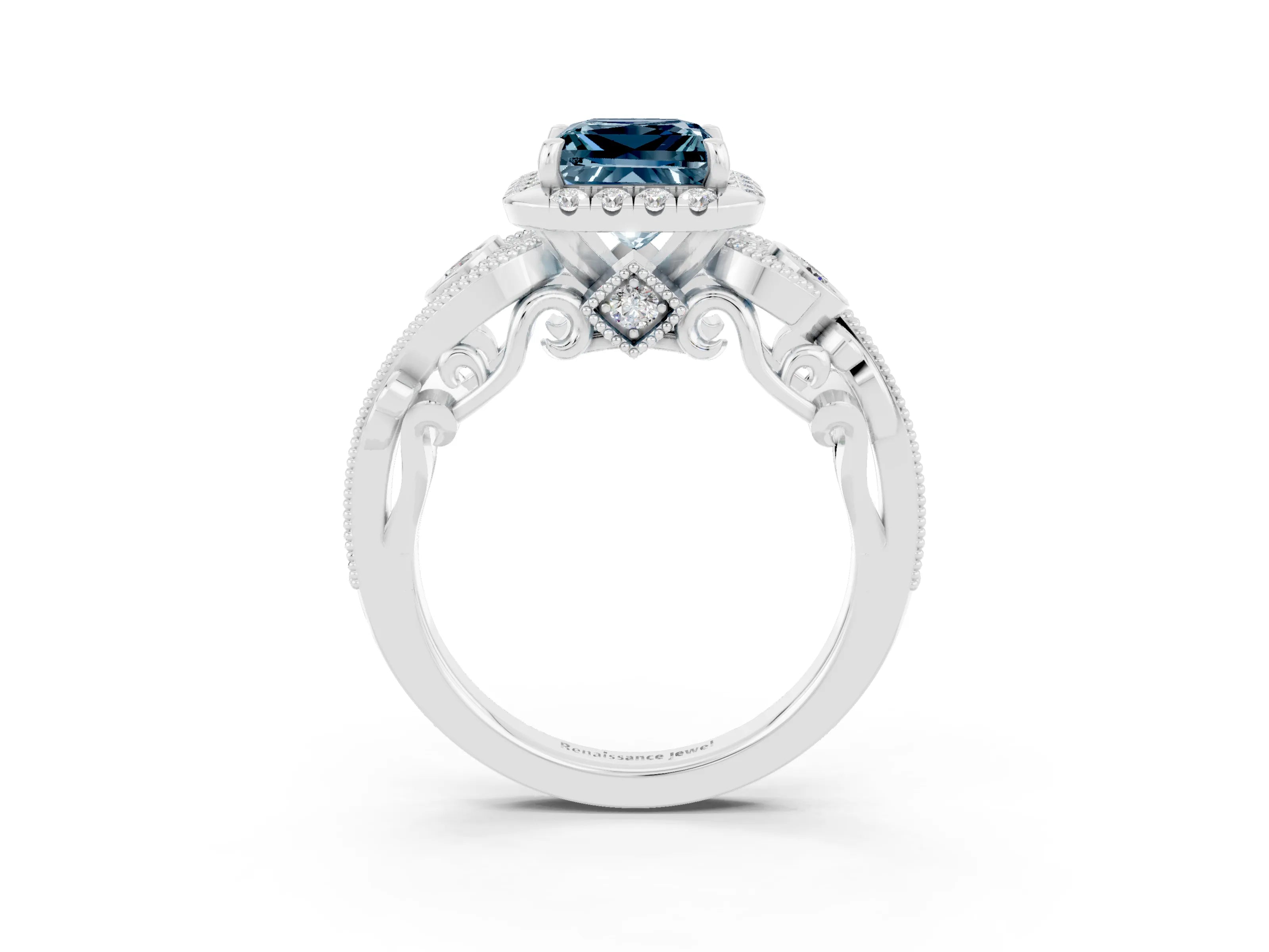 White gold Princess Cut Aquamarine Halo Ring with Milgrain Pavé Band and Four-Prong Setting_33