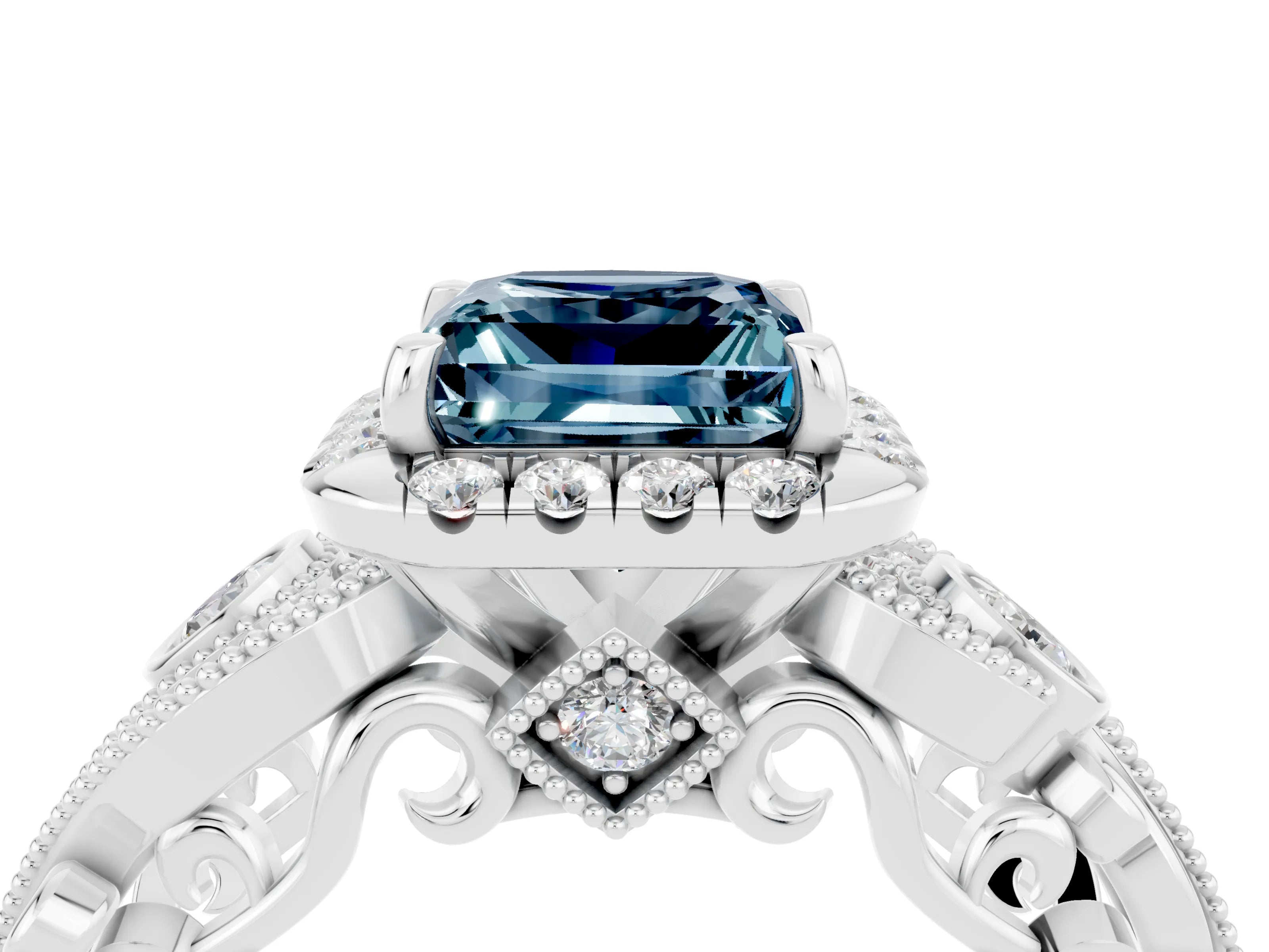 White gold Princess Cut Aquamarine Halo Ring with Milgrain Pavé Band and Four-Prong Setting_34