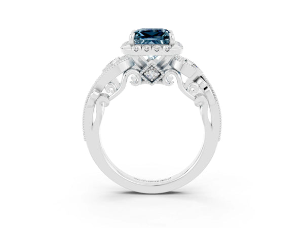 Platinum Princess Cut Aquamarine Halo Ring with Milgrain Pavé Band and Four-Prong Setting