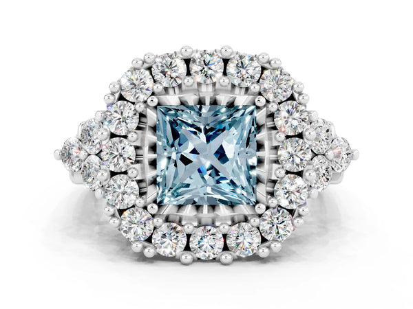 Platinum Princess Cut Aquamarine Halo Ring with Pavé Band and Four-Prong Setting