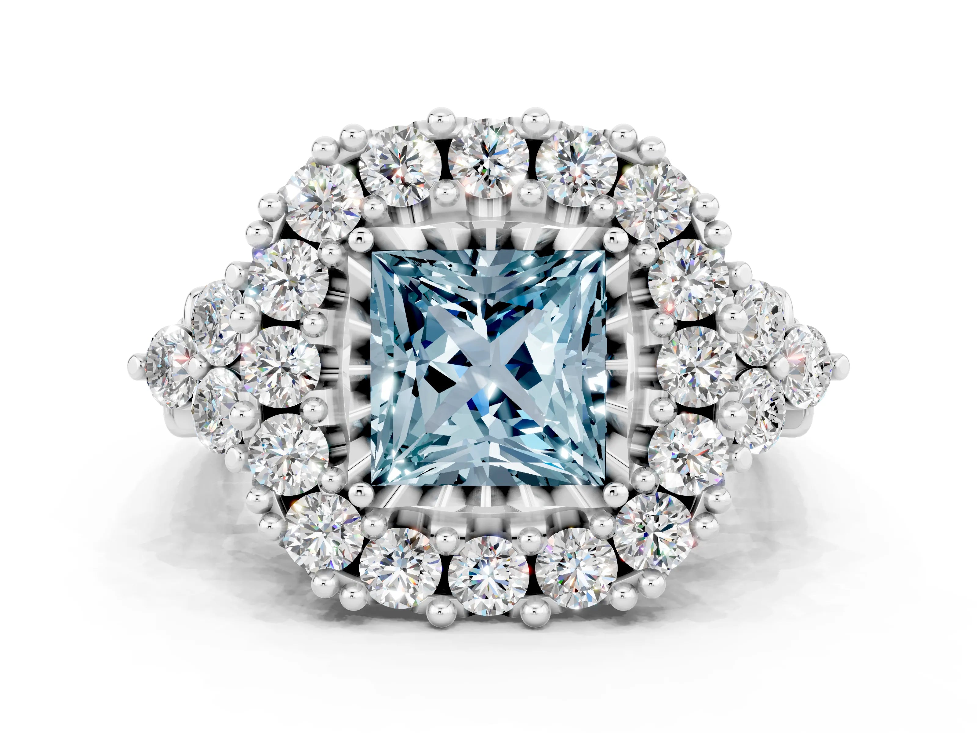 White gold Princess Cut Aquamarine Halo Ring with Pavé Band and Four-Prong Setting_12