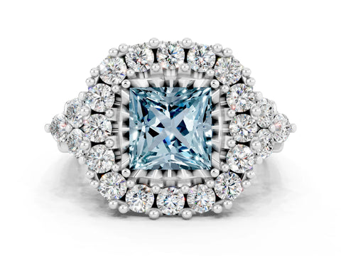 White gold Princess Cut Aquamarine Halo Ring with Pavé Band and Four-Prong Setting_12