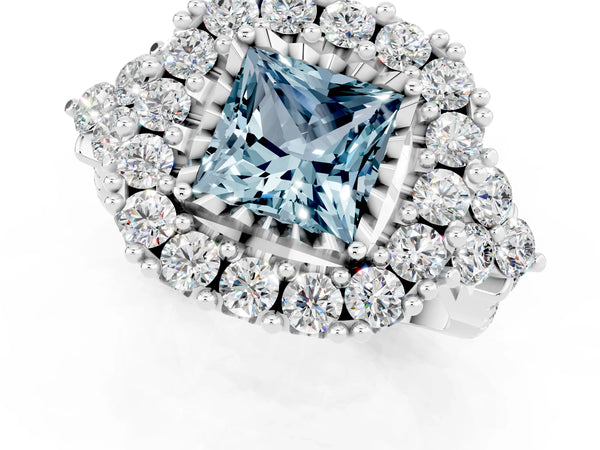 Silver Princess Cut Aquamarine Halo Ring with Pavé Band and Four-Prong Setting