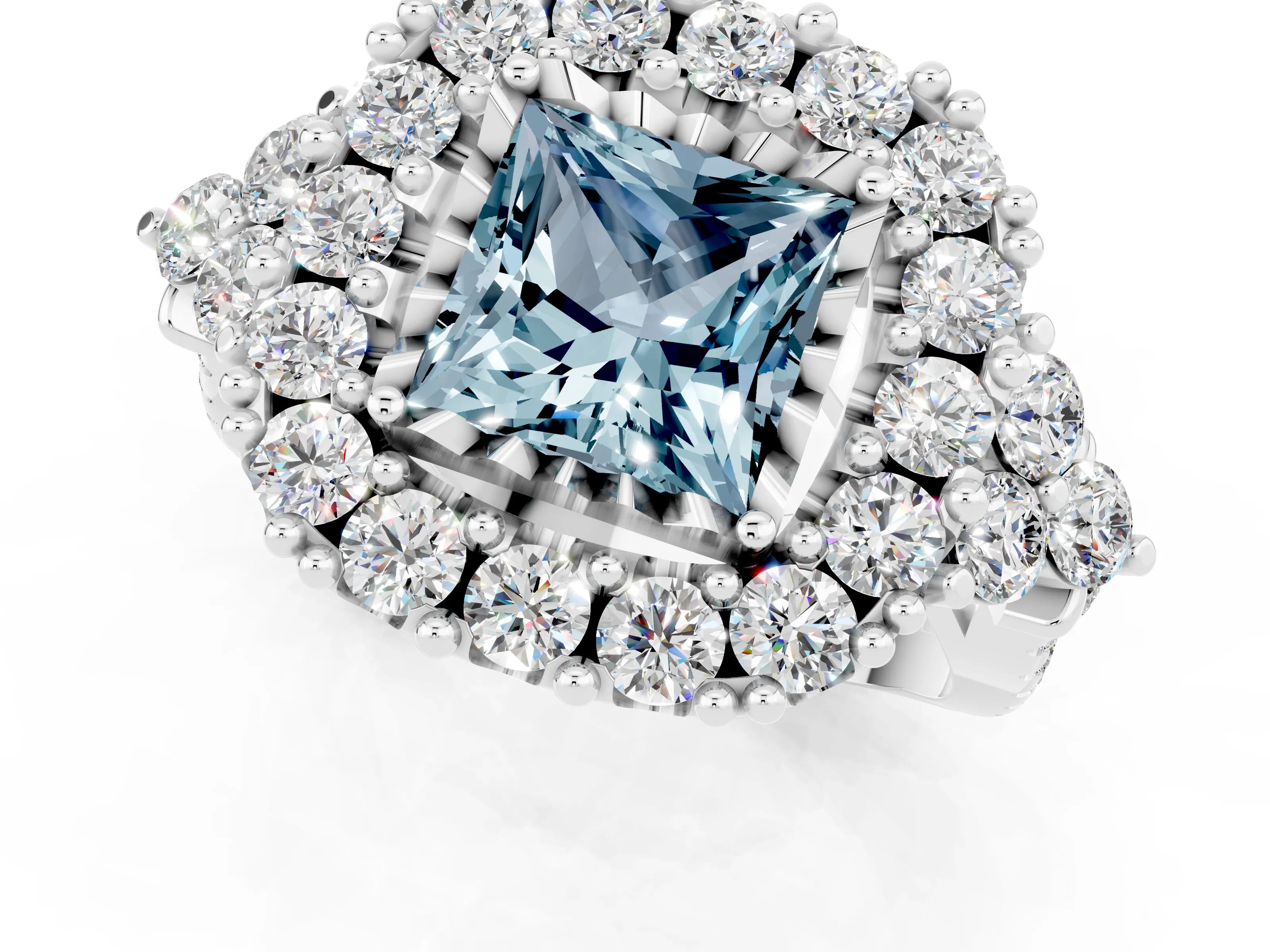 White gold Princess Cut Aquamarine Halo Ring with Pavé Band and Four-Prong Setting_13