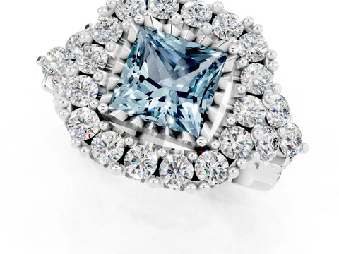 White gold Princess Cut Aquamarine Halo Ring with Pavé Band and Four-Prong Setting_13