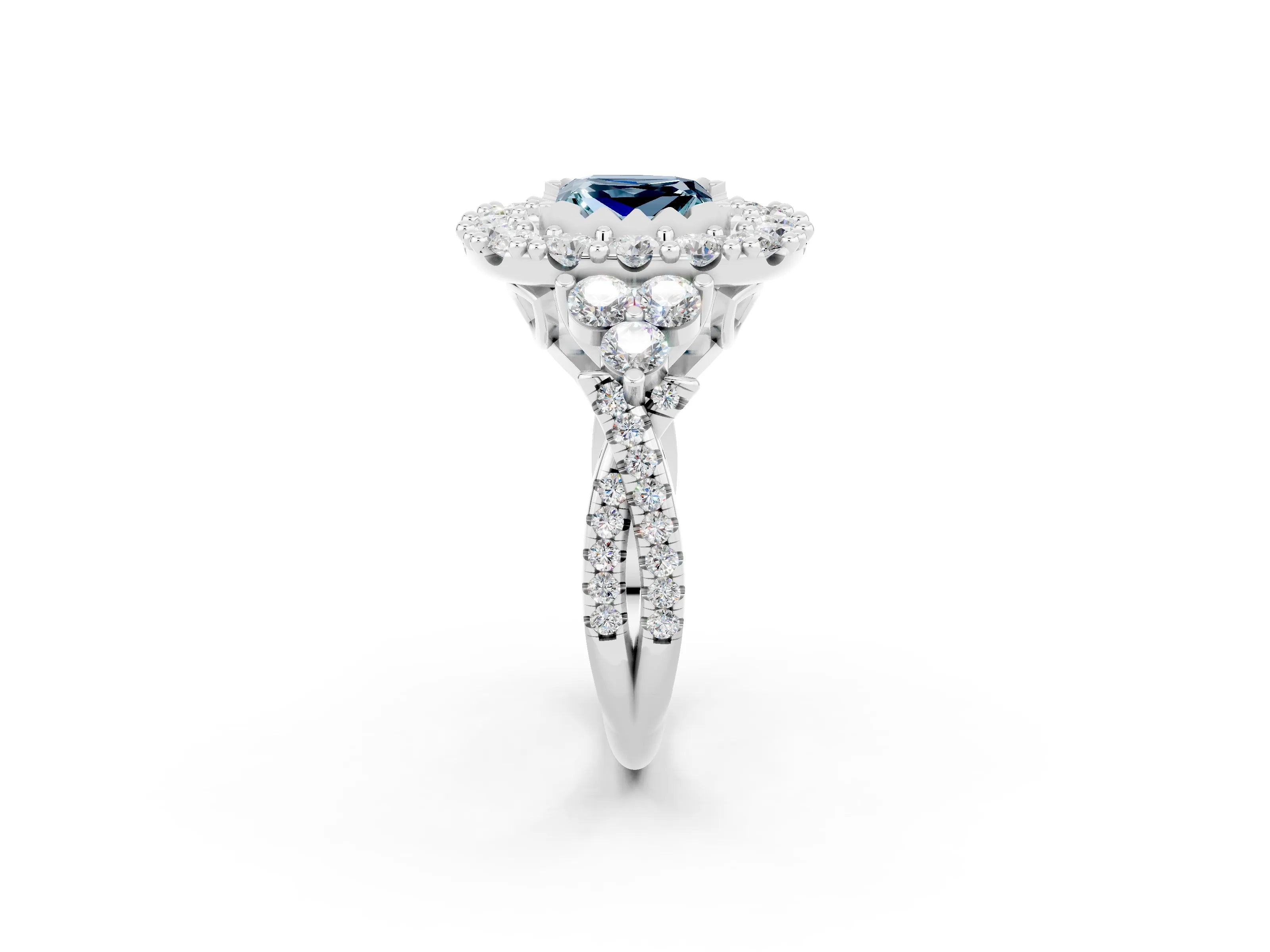 White gold Princess Cut Aquamarine Halo Ring with Pavé Band and Four-Prong Setting_14