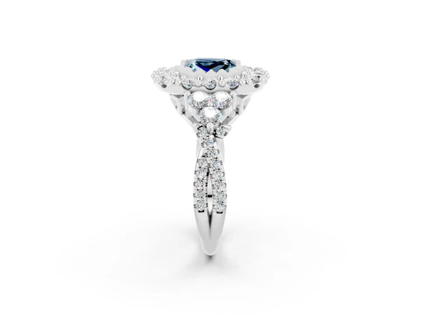 White gold Princess Cut Aquamarine Halo Ring with Pavé Band and Four-Prong Setting