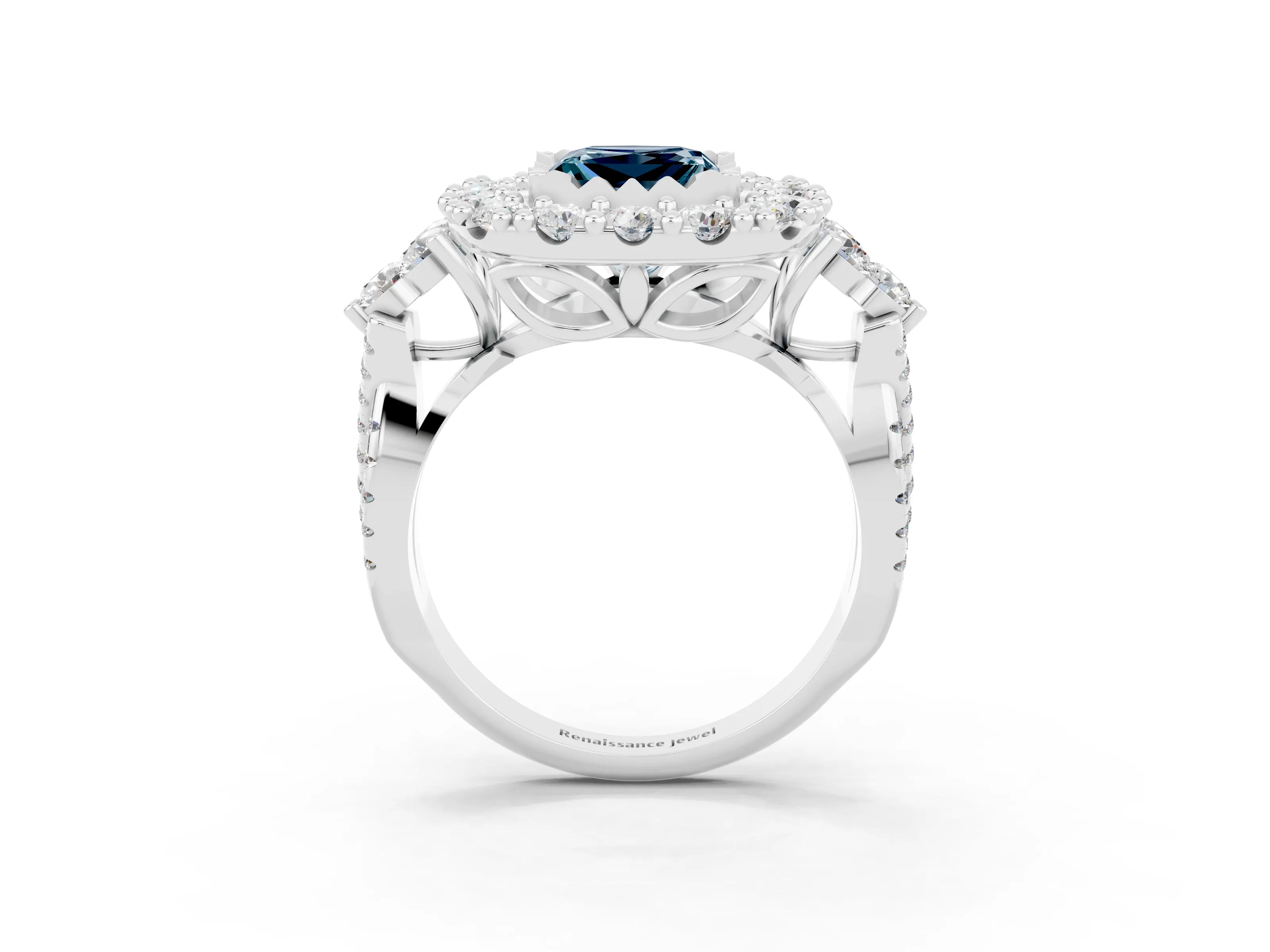 White gold Princess Cut Aquamarine Halo Ring with Pavé Band and Four-Prong Setting_15