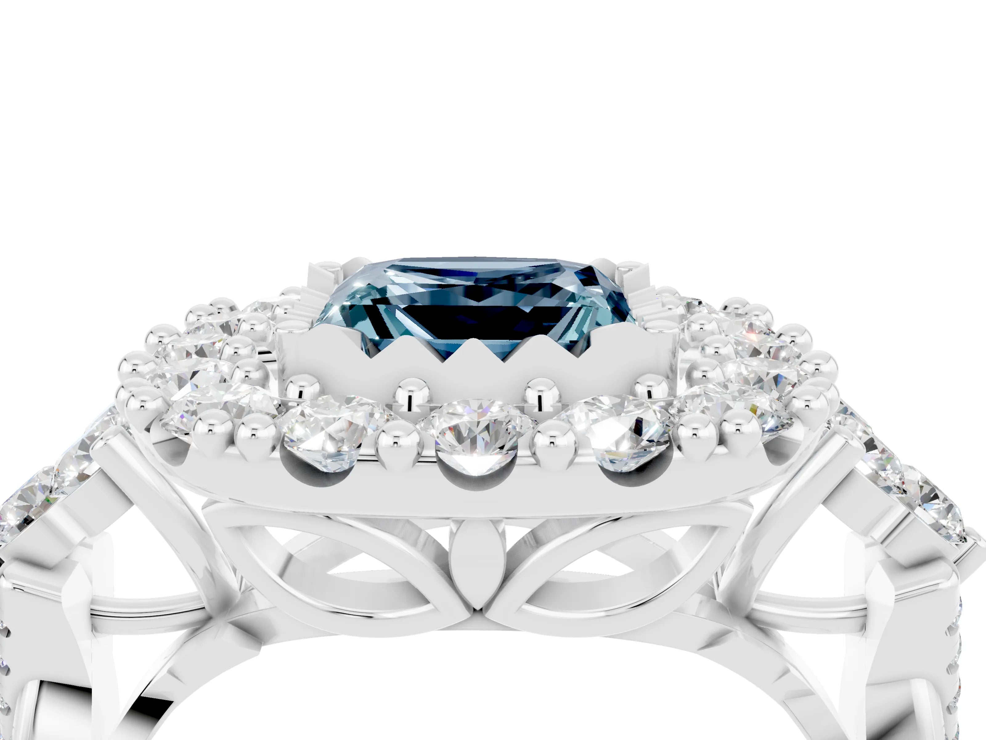 White gold Princess Cut Aquamarine Halo Ring with Pavé Band and Four-Prong Setting_16