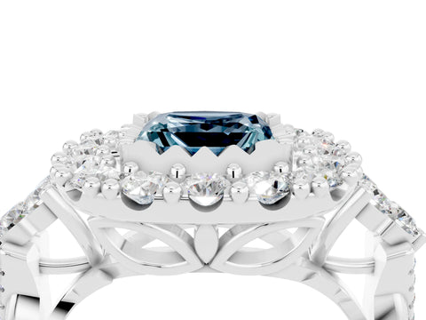 White gold Princess Cut Aquamarine Halo Ring with Pavé Band and Four-Prong Setting_16