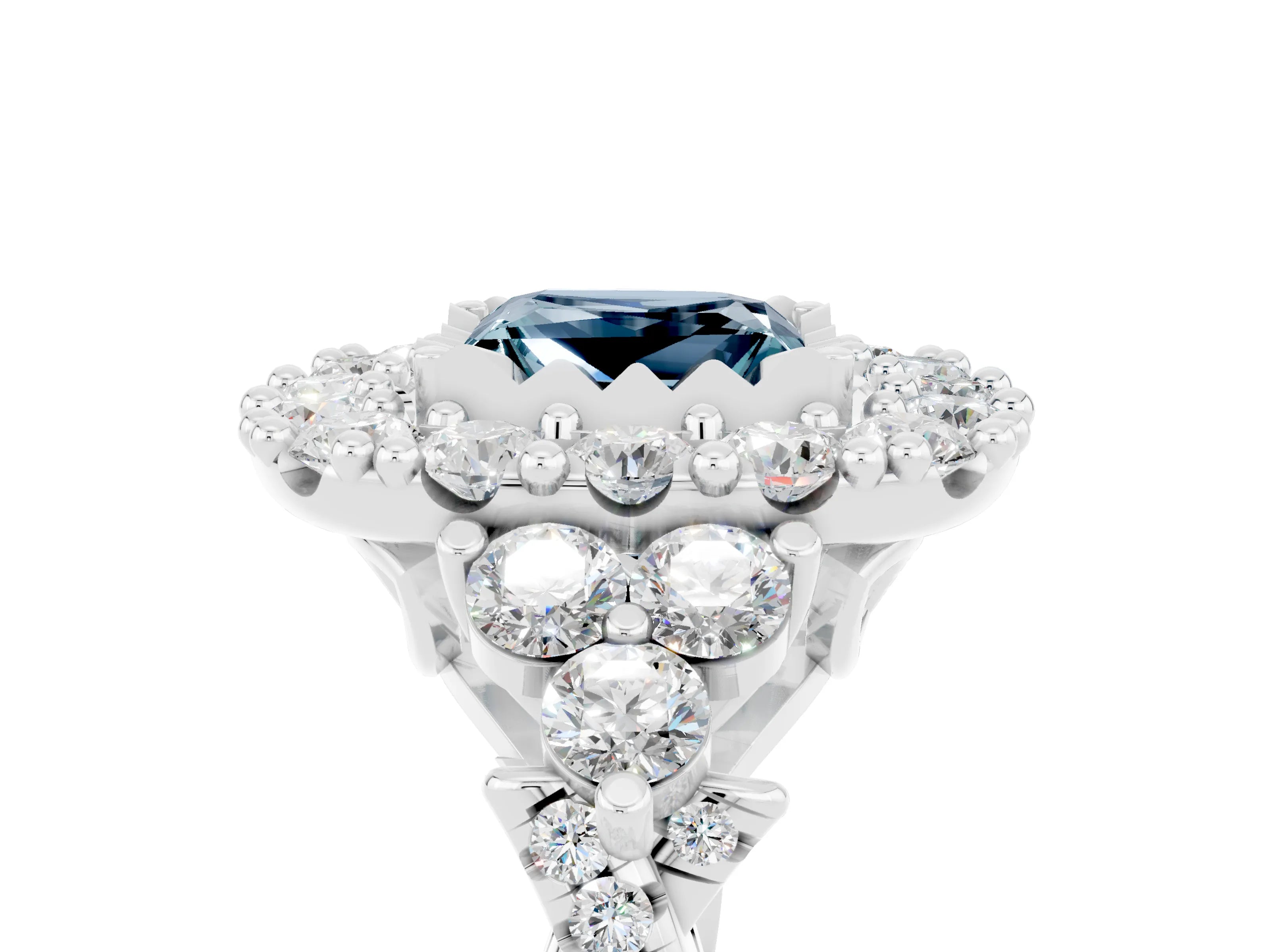 White gold Princess Cut Aquamarine Halo Ring with Pavé Band and Four-Prong Setting_17