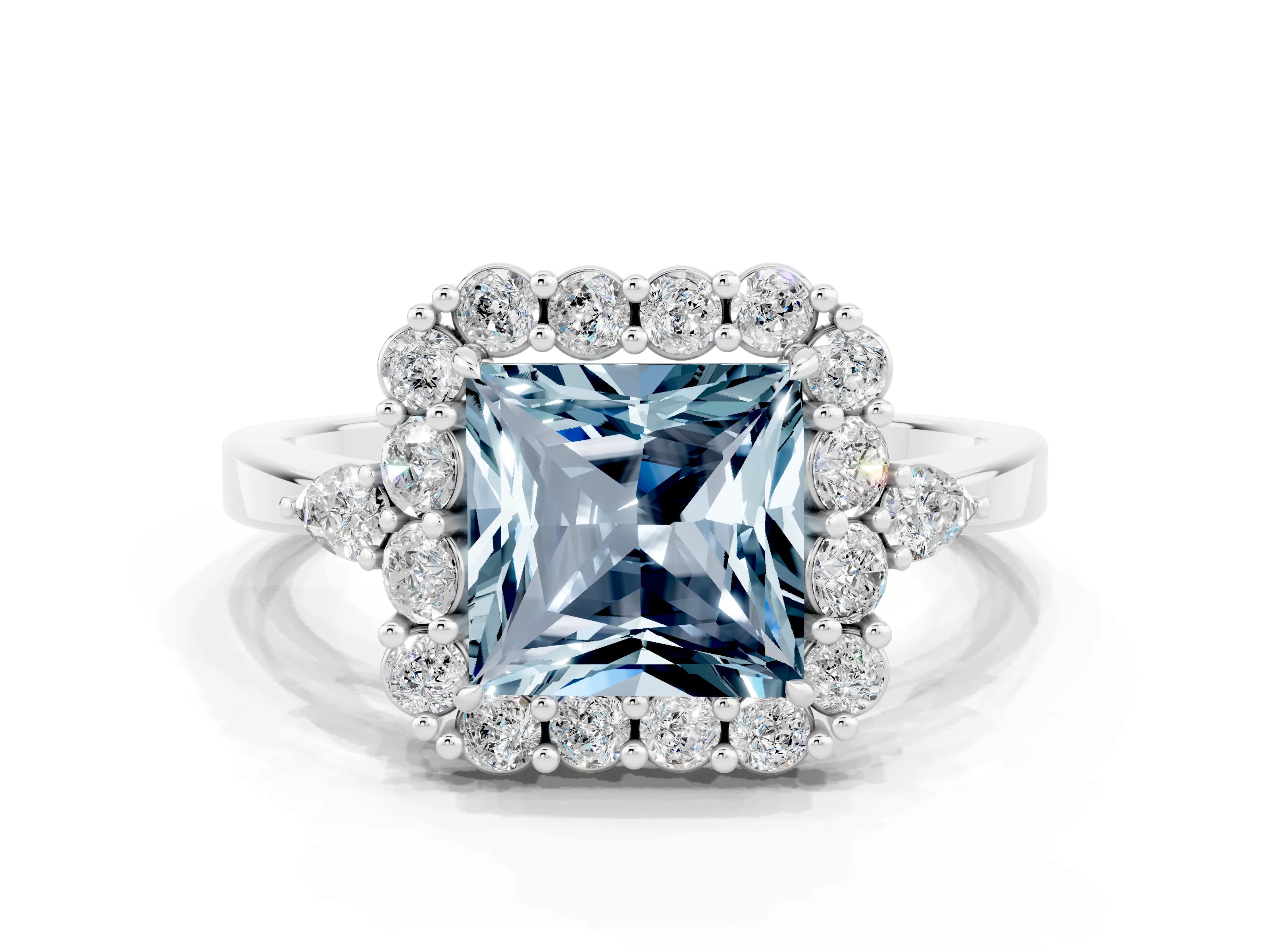 White gold Princess Cut Aquamarine Halo Ring with Pear Side Stones and Prong Setting_24