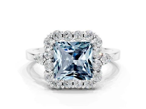 White gold Princess Cut Aquamarine Halo Ring with Pear Side Stones and Prong Setting_24