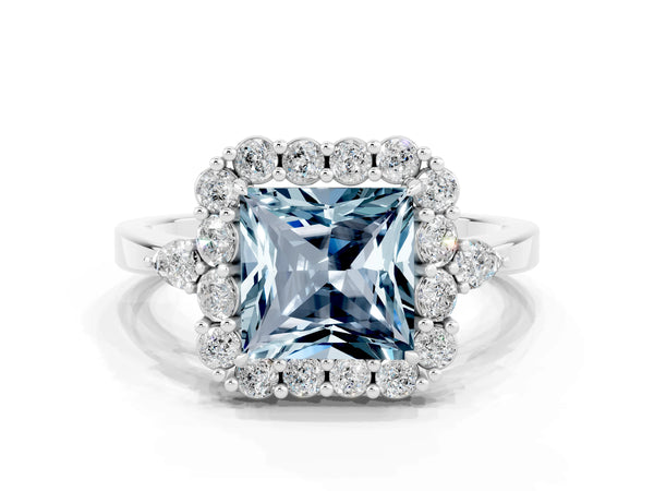 White gold Princess Cut Aquamarine Halo Ring with Pear Side Stones and Prong Setting