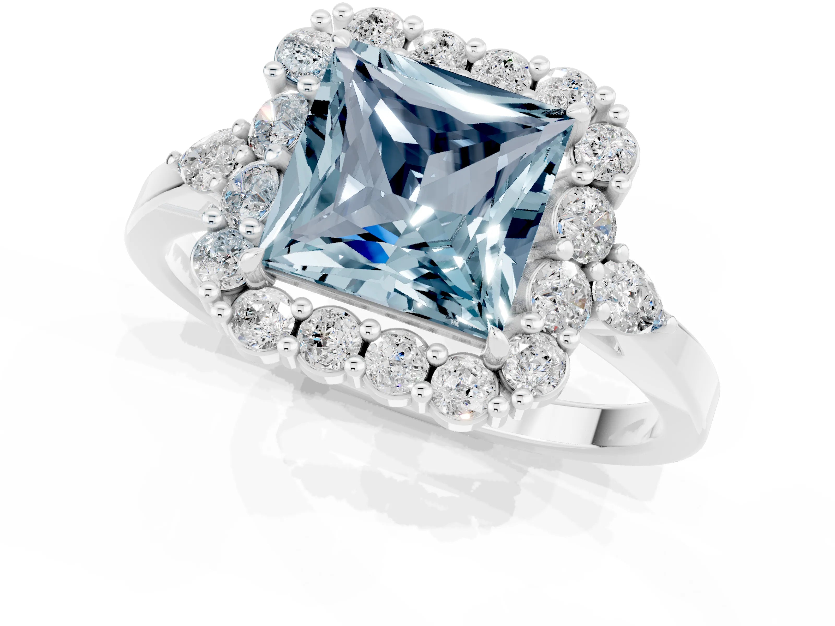 White gold Princess Cut Aquamarine Halo Ring with Pear Side Stones and Prong Setting_25