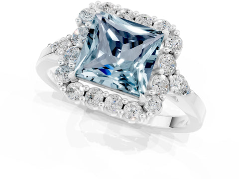White gold Princess Cut Aquamarine Halo Ring with Pear Side Stones and Prong Setting_25