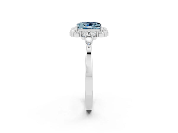 Platinum Princess Cut Aquamarine Halo Ring with Pear Side Stones and Prong Setting