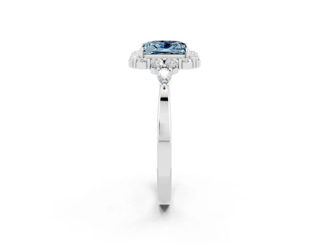 White gold Princess Cut Aquamarine Halo Ring with Pear Side Stones and Prong Setting_26