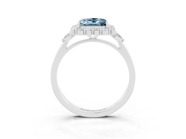 Platinum Princess Cut Aquamarine Halo Ring with Pear Side Stones and Prong Setting