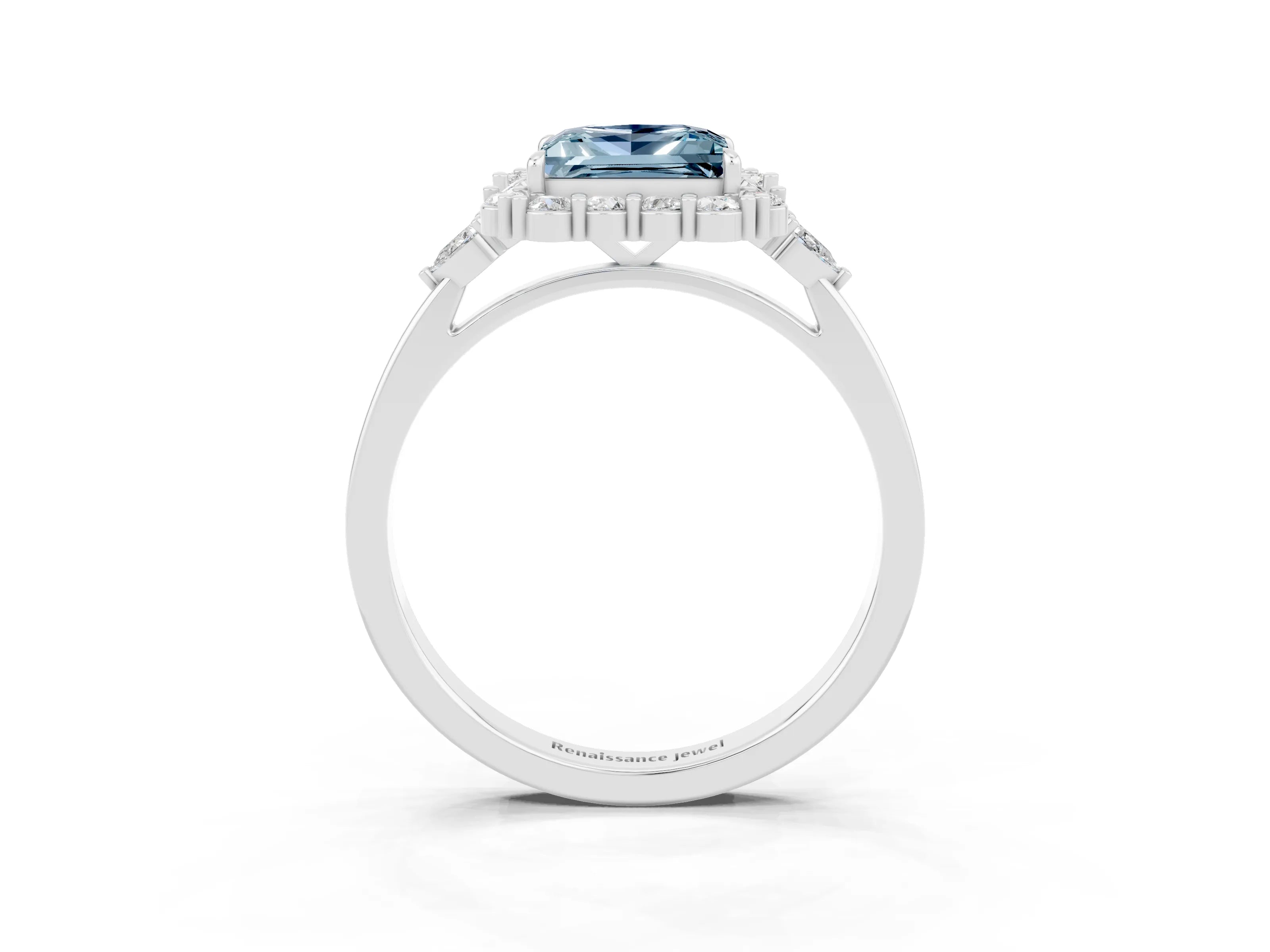 White gold Princess Cut Aquamarine Halo Ring with Pear Side Stones and Prong Setting_27