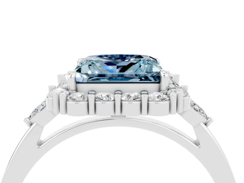 White gold Princess Cut Aquamarine Halo Ring with Pear Side Stones and Prong Setting_28
