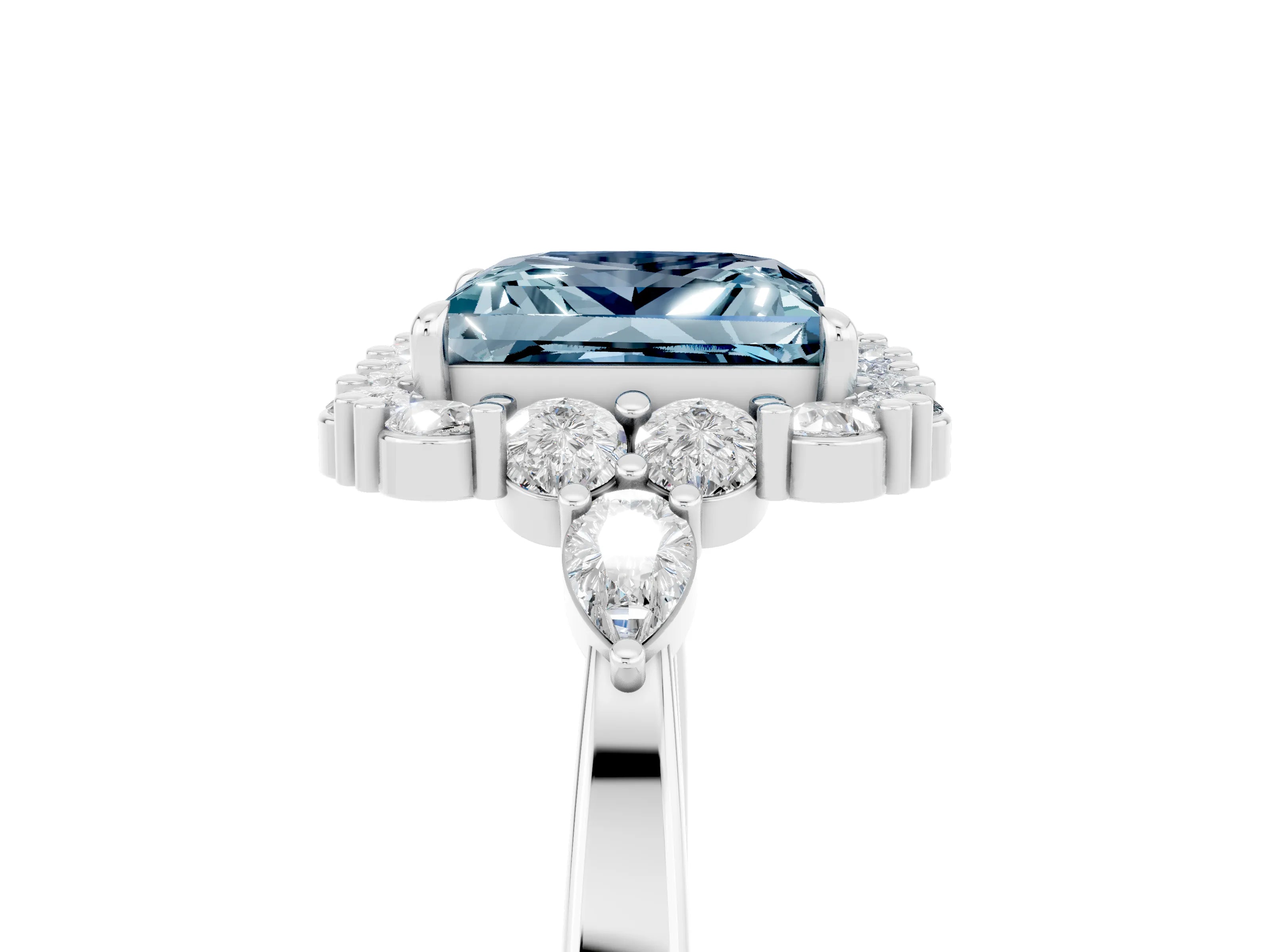 White gold Princess Cut Aquamarine Halo Ring with Pear Side Stones and Prong Setting_29
