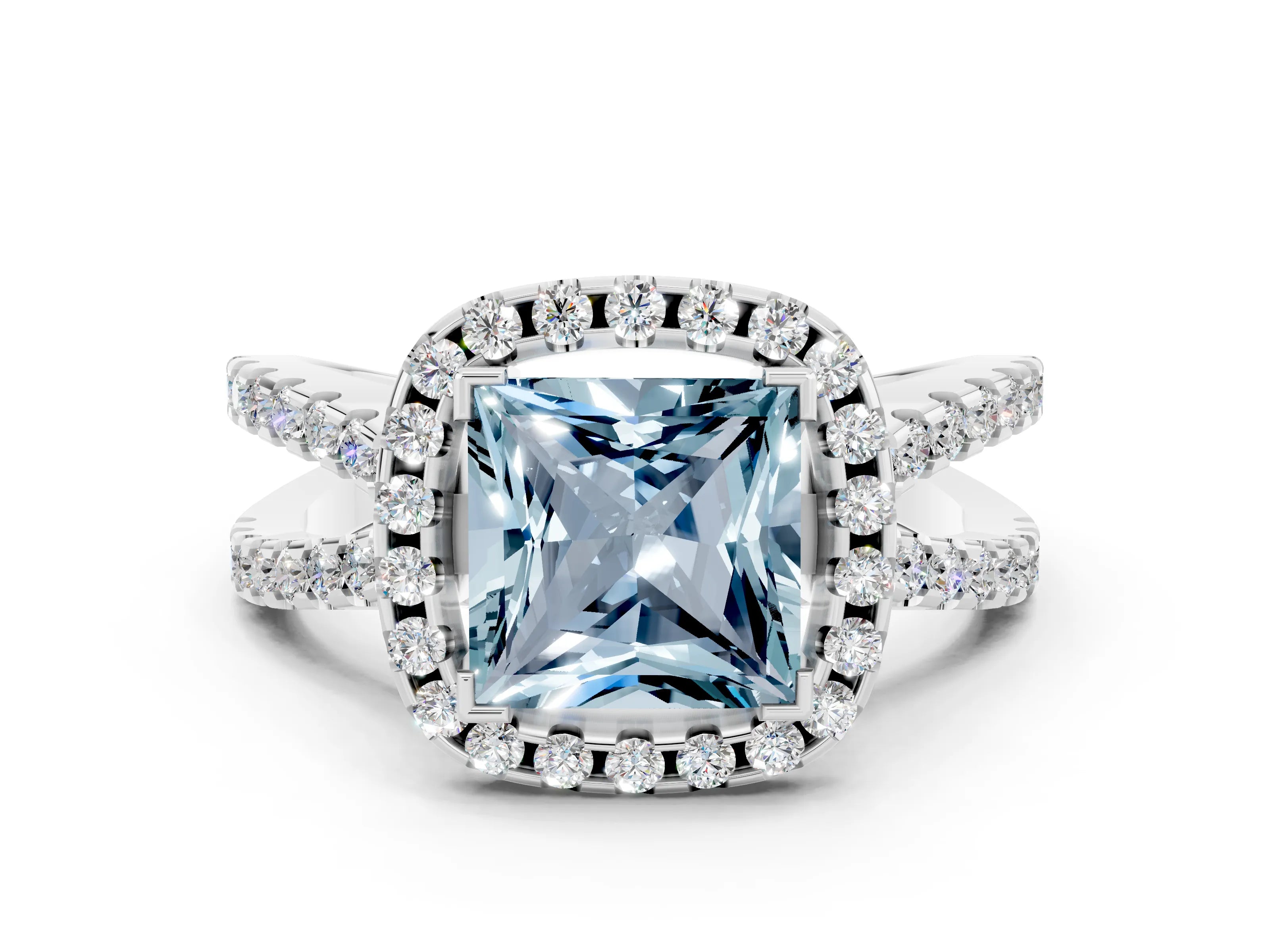 White gold Princess Cut Aquamarine Halo Ring with Split Shank Pavé Band and Prong Setting