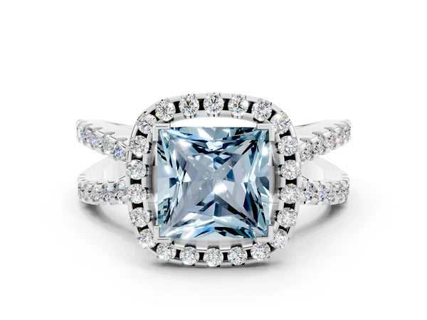 Platinum Princess Cut Aquamarine Halo Ring with Split Shank Pavé Band and Prong Setting