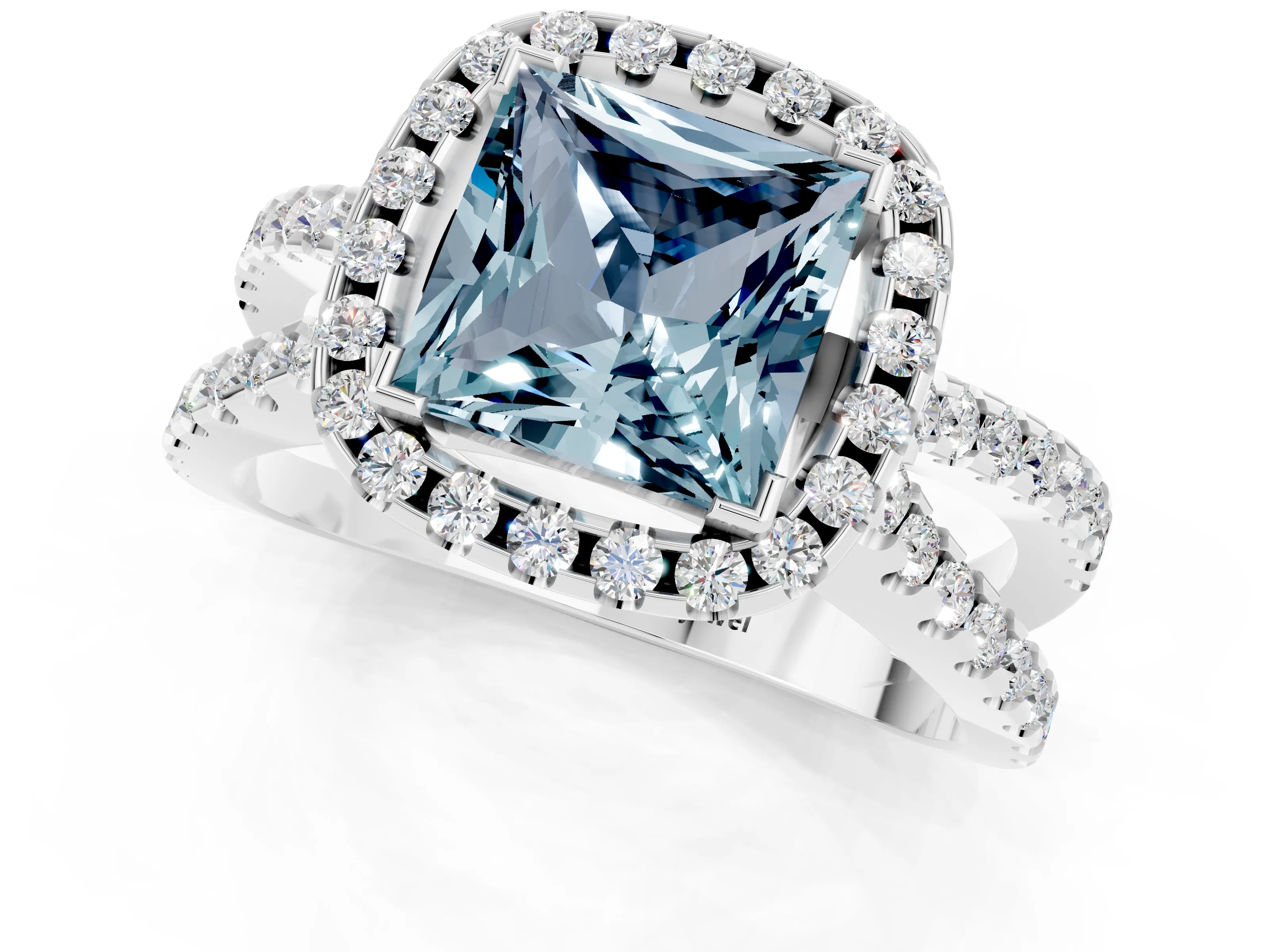 White gold Princess Cut Aquamarine Halo Ring with Split Shank Pavé Band and Prong Setting_1