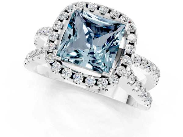 Platinum Princess Cut Aquamarine Halo Ring with Split Shank Pavé Band and Prong Setting