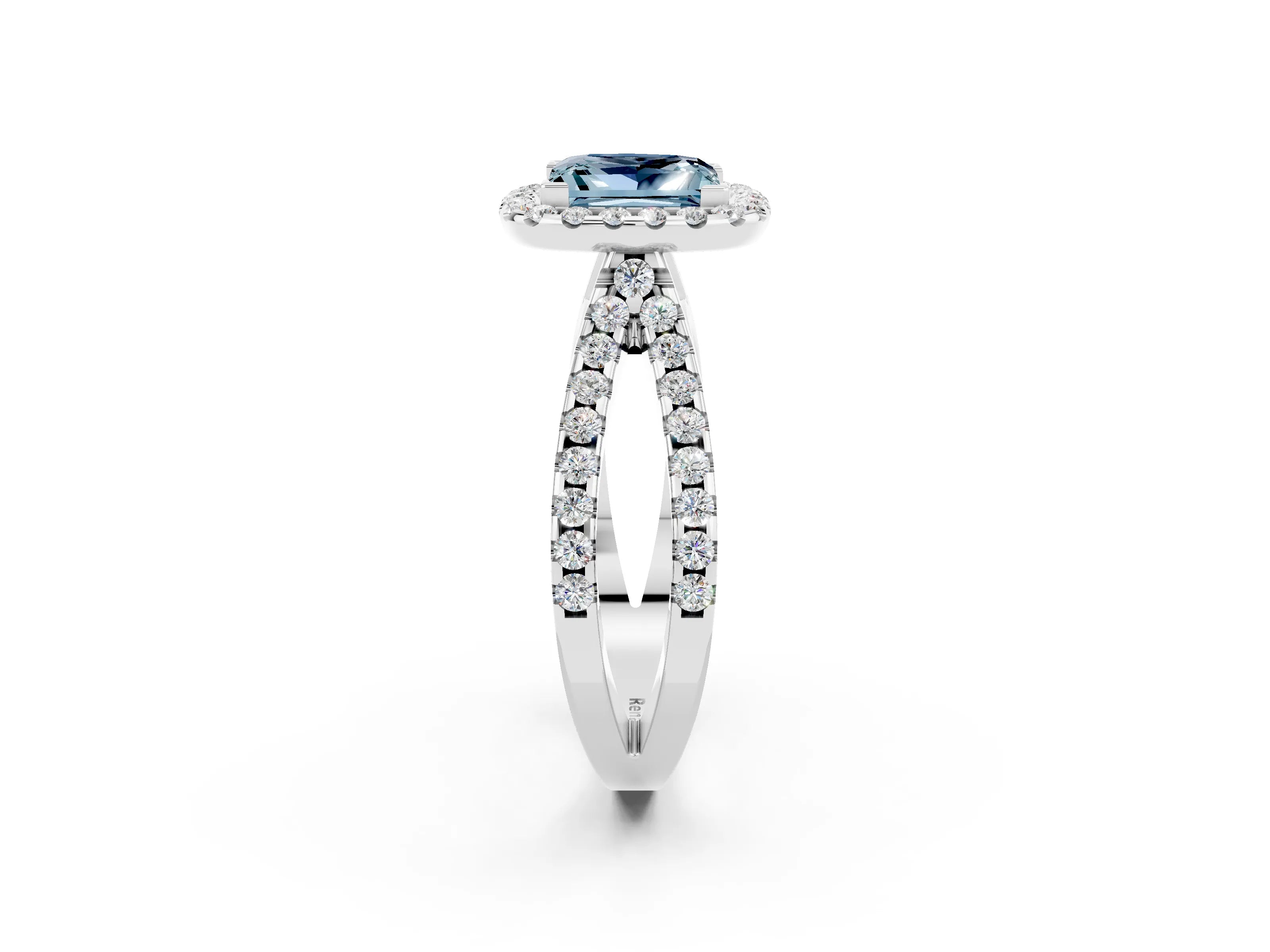 White gold Princess Cut Aquamarine Halo Ring with Split Shank Pavé Band and Prong Setting_2