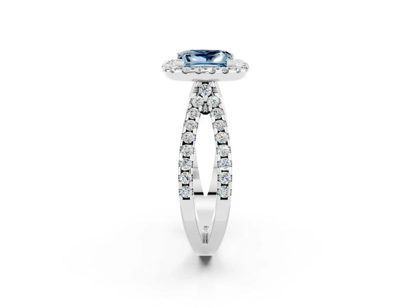 White gold Princess Cut Aquamarine Halo Ring with Split Shank Pavé Band and Prong Setting