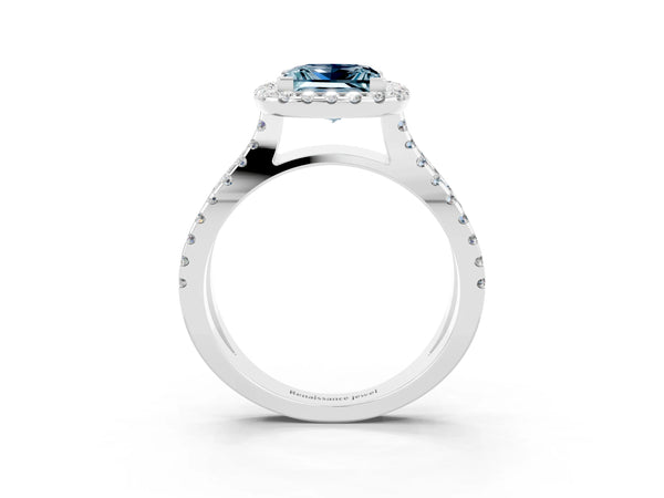 Platinum Princess Cut Aquamarine Halo Ring with Split Shank Pavé Band and Prong Setting