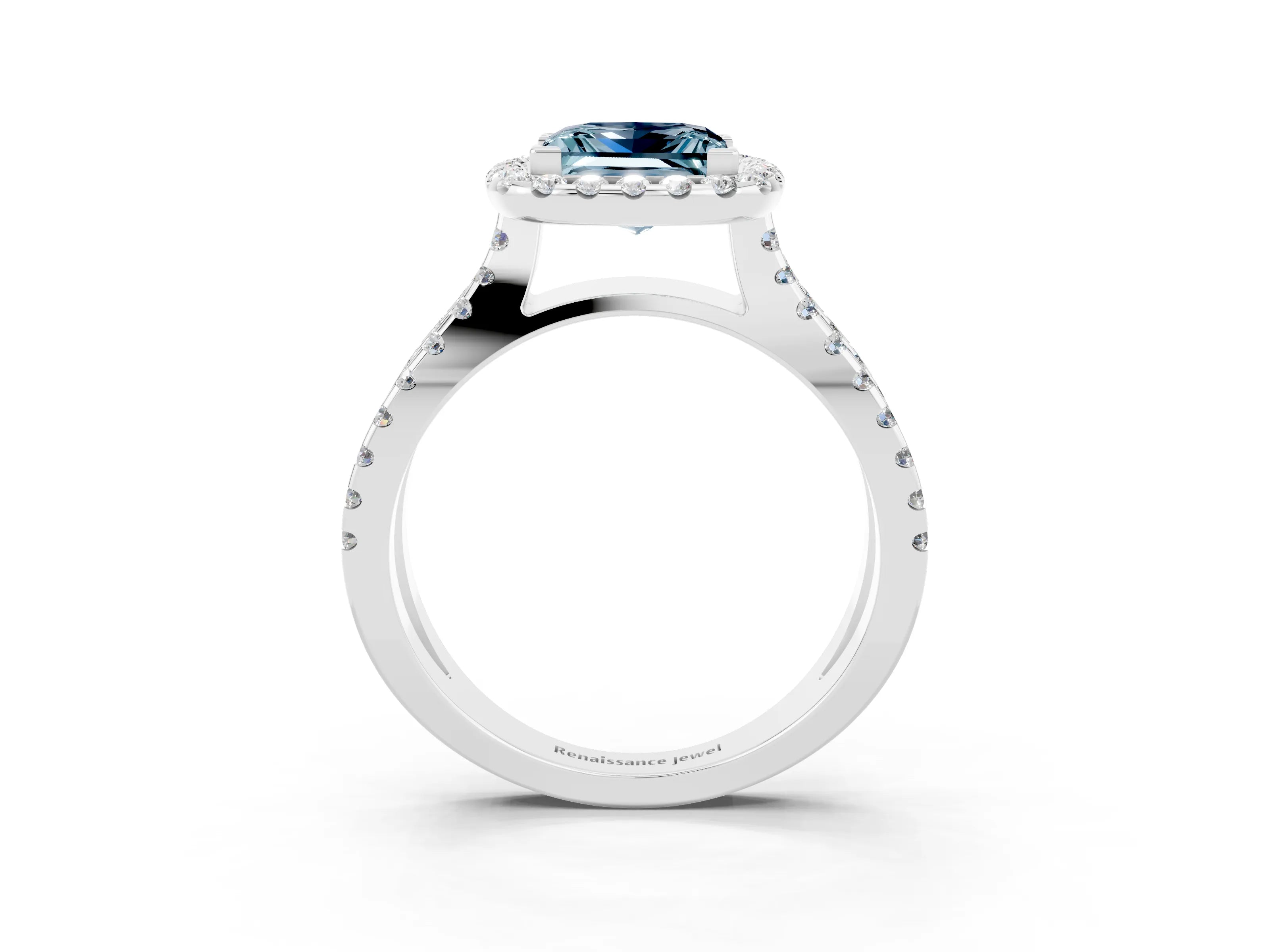 White gold Princess Cut Aquamarine Halo Ring with Split Shank Pavé Band and Prong Setting_3