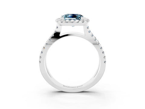 White gold Princess Cut Aquamarine Halo Ring with Split Shank Pavé Band and Prong Setting_3