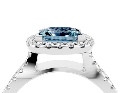 White gold Princess Cut Aquamarine Halo Ring with Split Shank Pavé Band and Prong Setting_4