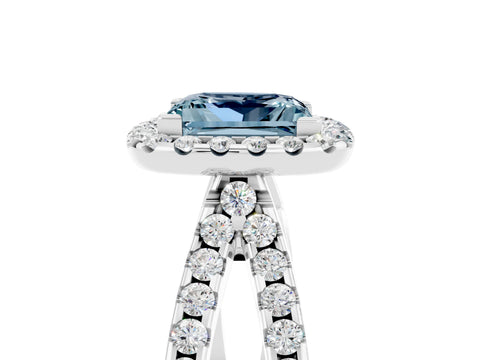 White gold Princess Cut Aquamarine Halo Ring with Split Shank Pavé Band and Prong Setting_5
