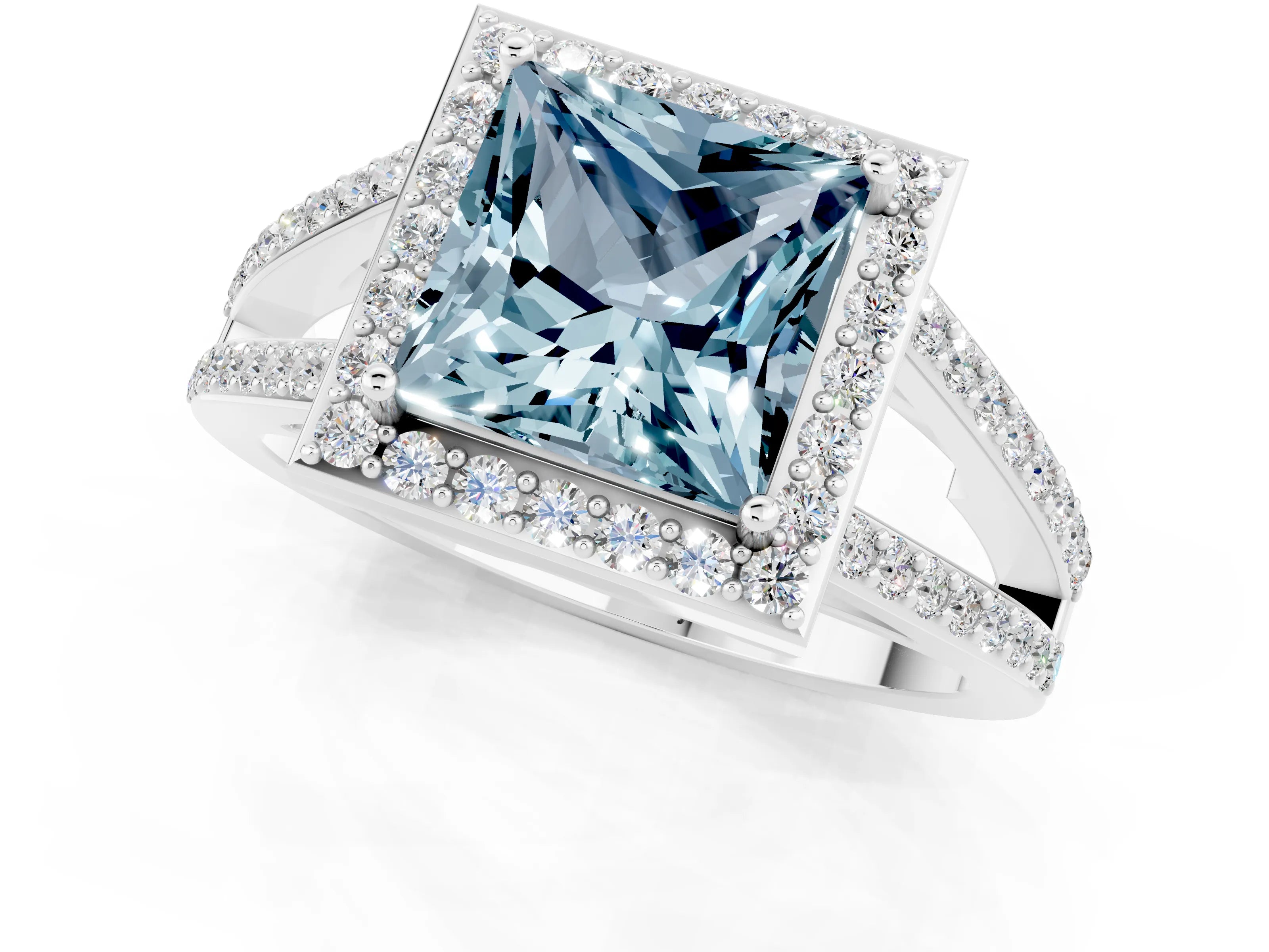 White gold Princess Cut Aquamarine Halo Ring with Split Shank U-Prong Band and Four-Prong Setting_1