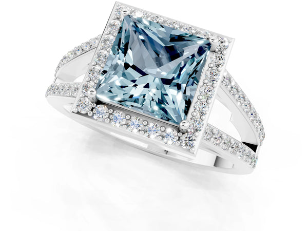 White gold Princess Cut Aquamarine Halo Ring with Split Shank U-Prong Band and Four-Prong Setting
