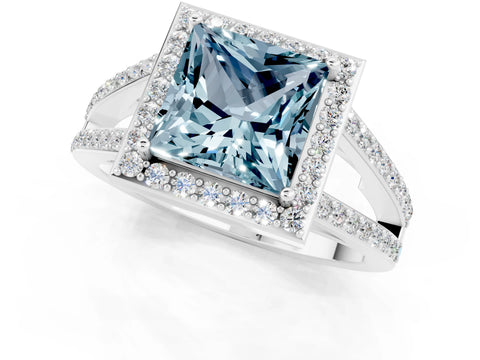 White gold Princess Cut Aquamarine Halo Ring with Split Shank U-Prong Band and Four-Prong Setting_1
