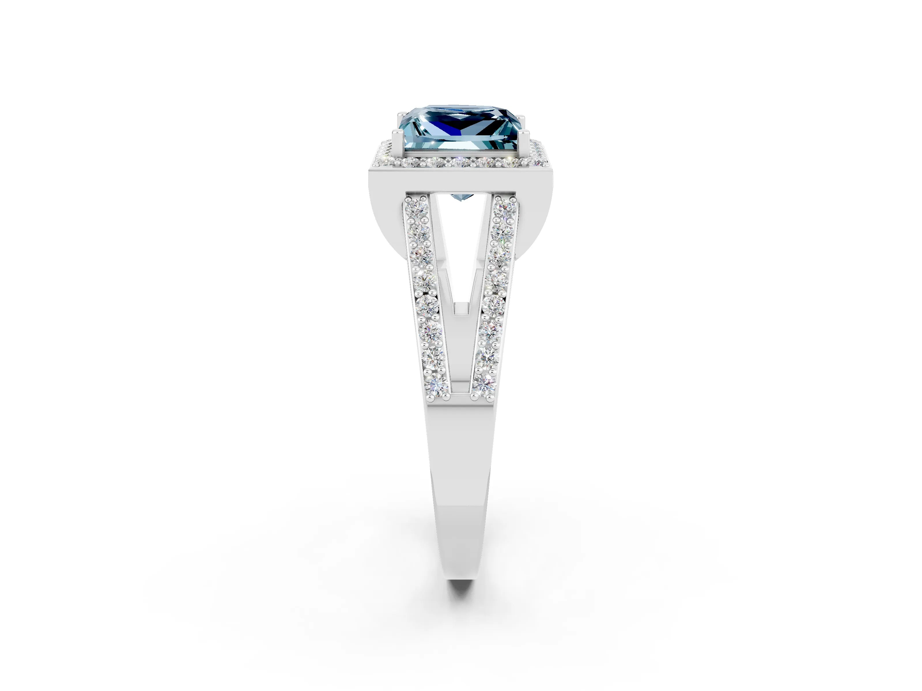 White gold Princess Cut Aquamarine Halo Ring with Split Shank U-Prong Band and Four-Prong Setting_2