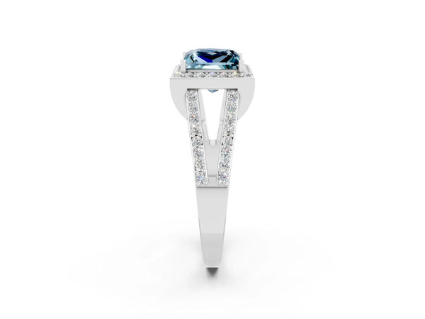 Silver Princess Cut Aquamarine Halo Ring with Split Shank U-Prong Band and Four-Prong Setting
