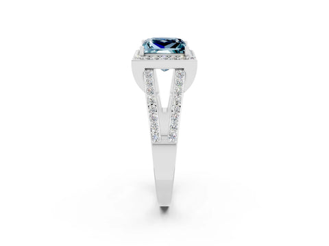 White gold Princess Cut Aquamarine Halo Ring with Split Shank U-Prong Band and Four-Prong Setting_2