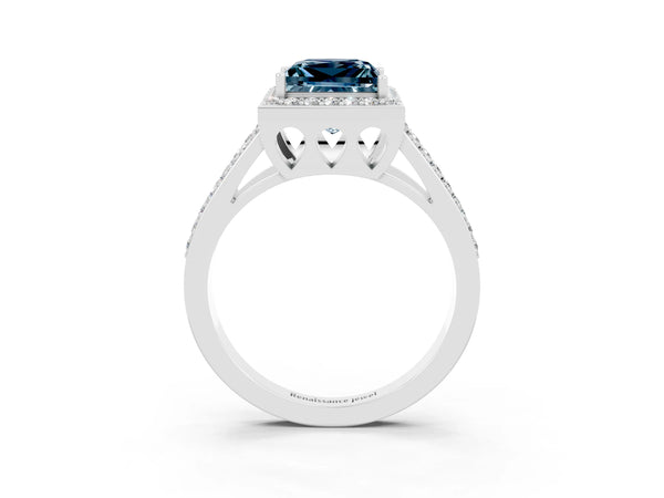 Platinum Princess Cut Aquamarine Halo Ring with Split Shank U-Prong Band and Four-Prong Setting