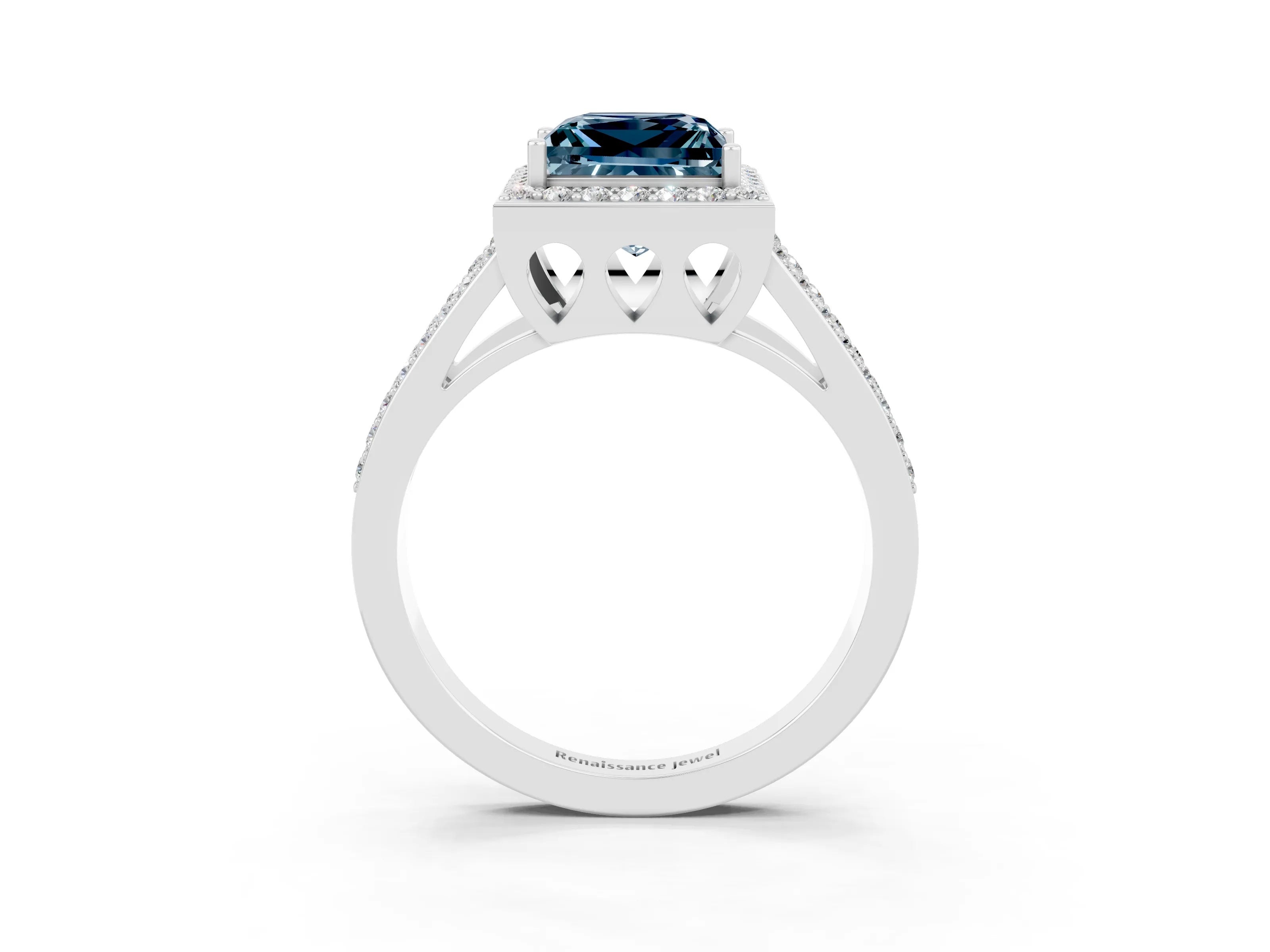 White gold Princess Cut Aquamarine Halo Ring with Split Shank U-Prong Band and Four-Prong Setting_3